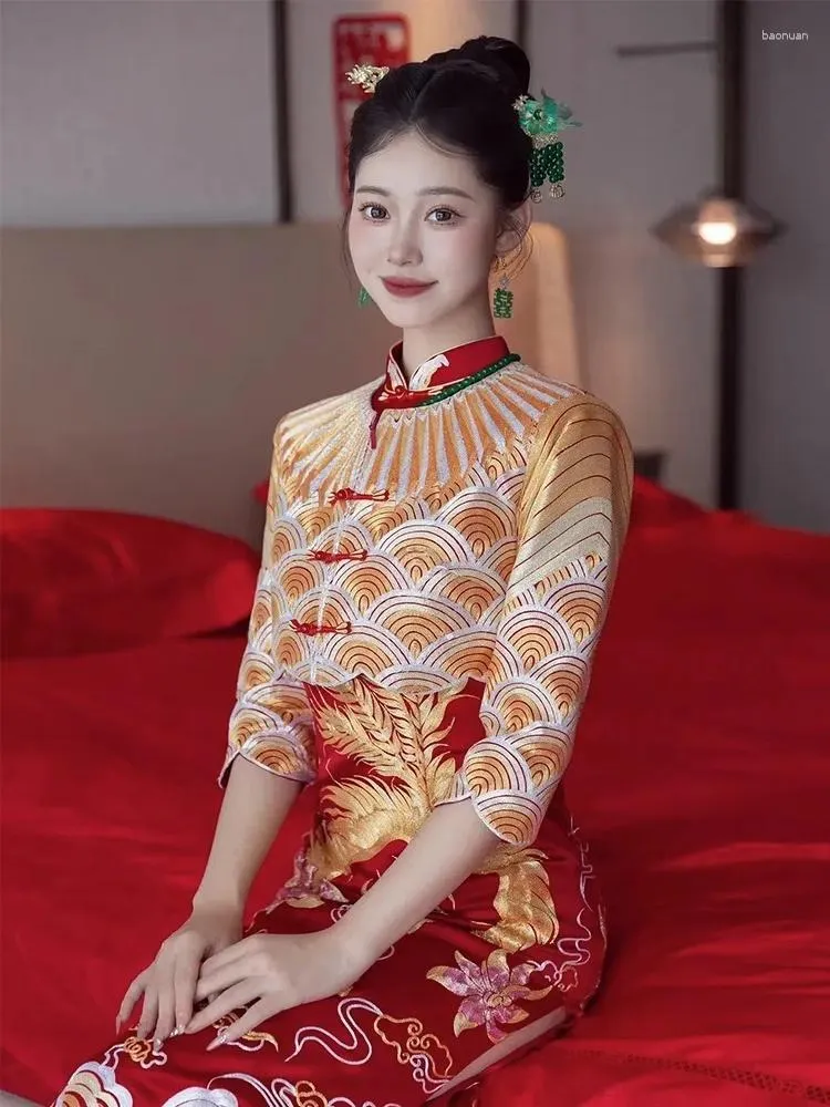 Vêtements ethniques Mariée Phoenix Broderie Cheongsam Élégant Traditionnel Chinois Toast Femmes Sexy High Split Robe De Mariée Costume Tang