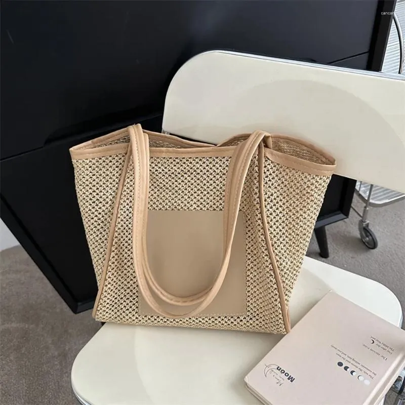 Evening Bags Patchwork Beach Bag For Vacation With PU Leather Zipper Wallet Women Shoulder Summer Straw Tote Hollow Out Weave Handbag