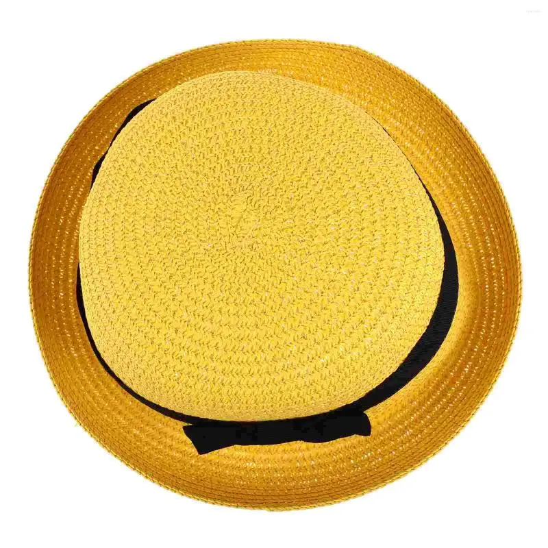 Basker mode kvinnor flickor bowknot roll-up wide brim kupol halm sommar sol hatt bowler strand (gul) mössa