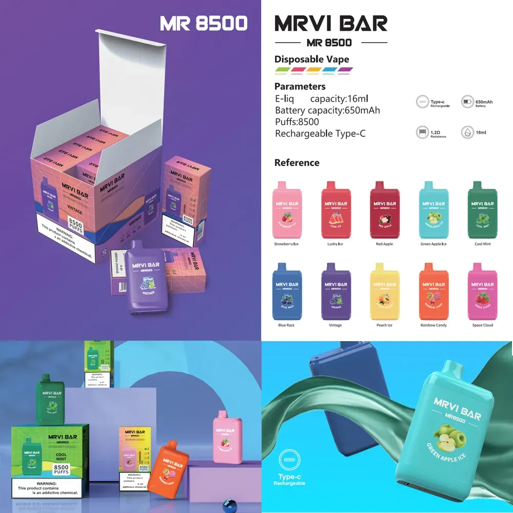 Vapers Desechables Original MRVI 8500 퍼프 E 담배 충전식 배터리 15ml 장치 vape 펜 대 Bang Box 9000 퍼프 대 Randm Tornado 7000 Vaper