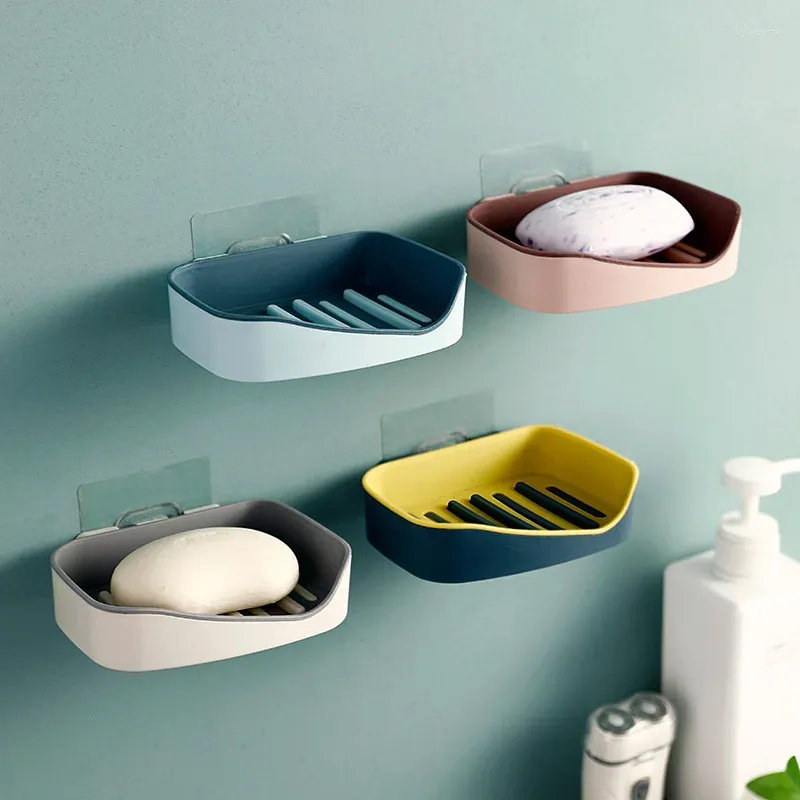 Makeup Brushes Colors Wall Mounted Self Adhesive Soap Sponge Dish No Drilling Storage Box Rack Shelf Double Drain Bathroom Dishes