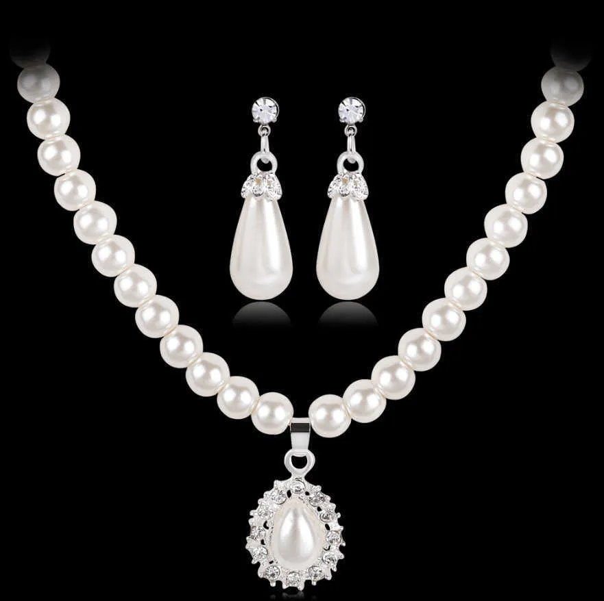 Pendientes de perlas, collar, conjunto de dos piezas, gota de agua con incrustaciones de diamantes, moda nupcial, joyería de moda para niña