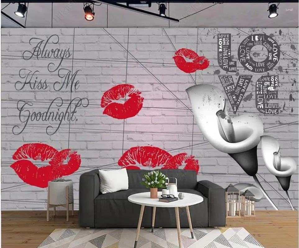 Fonds d'écran personnalisé mural 3D Po papier peint lèvres rouges Calla fleur noir et blanc mur décor à la maison pour salon maison moderne
