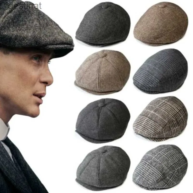 Berets Vintage Newsboy Caps Men Women Berets Hat Classic Plaid Stripe Beret Winter Cotton Flat Cap British Painter Hats Herringbone HatL231106