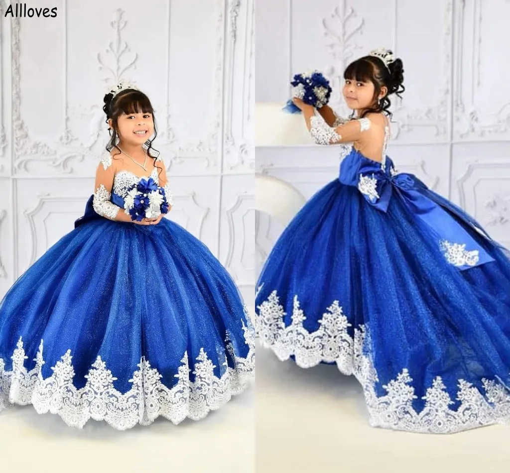 Royal Blue Glitter Paillettes Robes De Fille De Fleur Pour Le Mariage Princesse Puffy Ball Robes Parti Dentelle Appliqued Pagent De Petite Fille Tenue De Soirée Avec Manches Longues CL2130