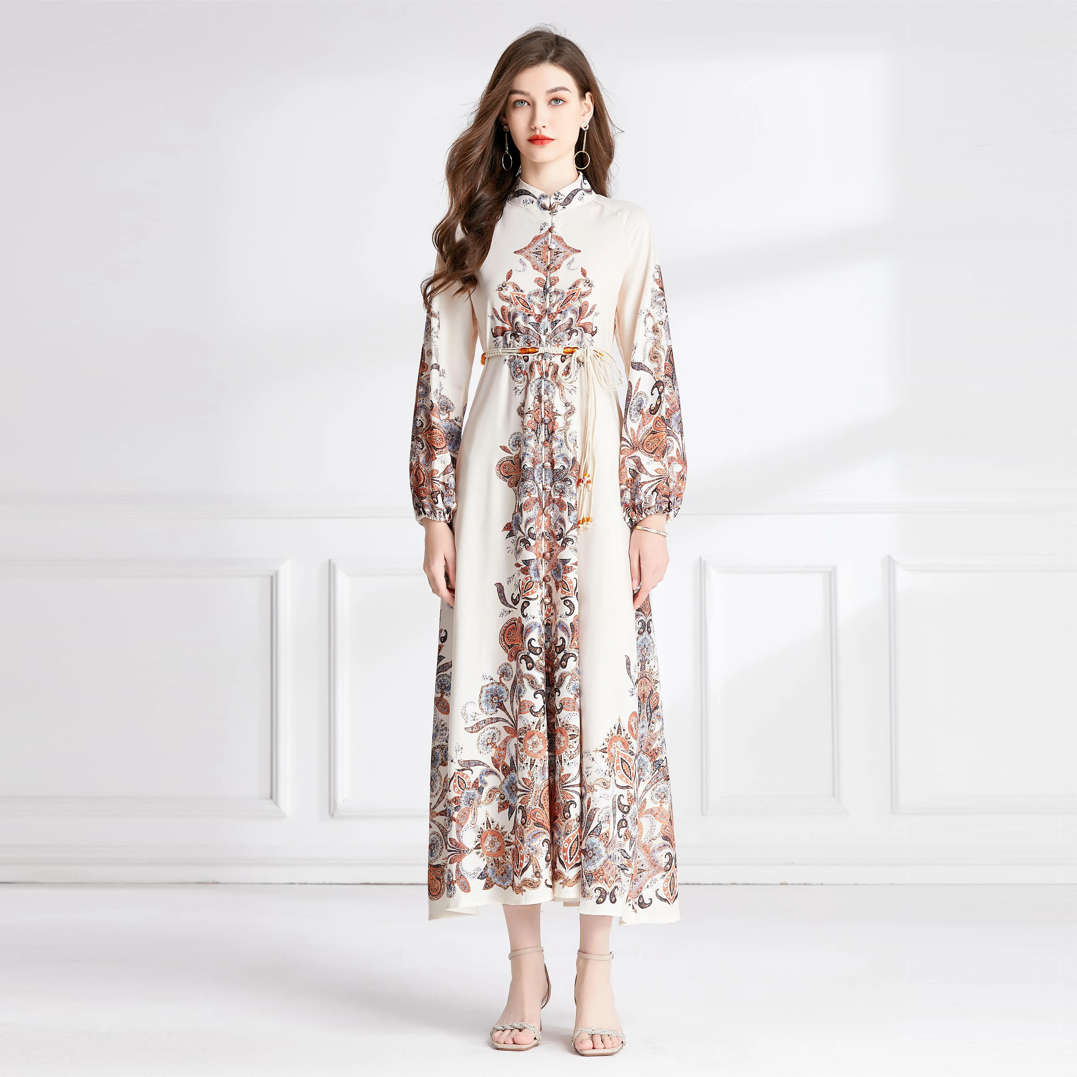 Beige Paisley Cotton Blend Maxi Dress for Women with Puff Lantern Sleeves  and Stand Collar, Ankle-Length, Autumn from Dhgate Basic & Casual Dresses -  price 45.1