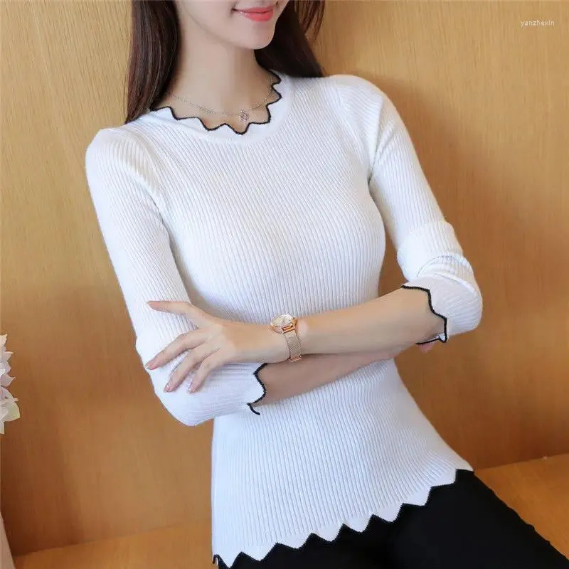 Kvinnors tröjor Spring och Autumn Black White Inner Knit Långärmad tröja Bottom Kvinnor Slim Tight spets krage