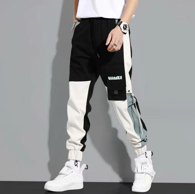 Nuovi Uomini di Modo Nastri Blocco di Colore Nero Tasca Pantaloni Cargo Pantaloni Harajuku Pantaloni Sportivi Pantaloni Hip Hop Uomini Pantaloni Sportivi S-5XL