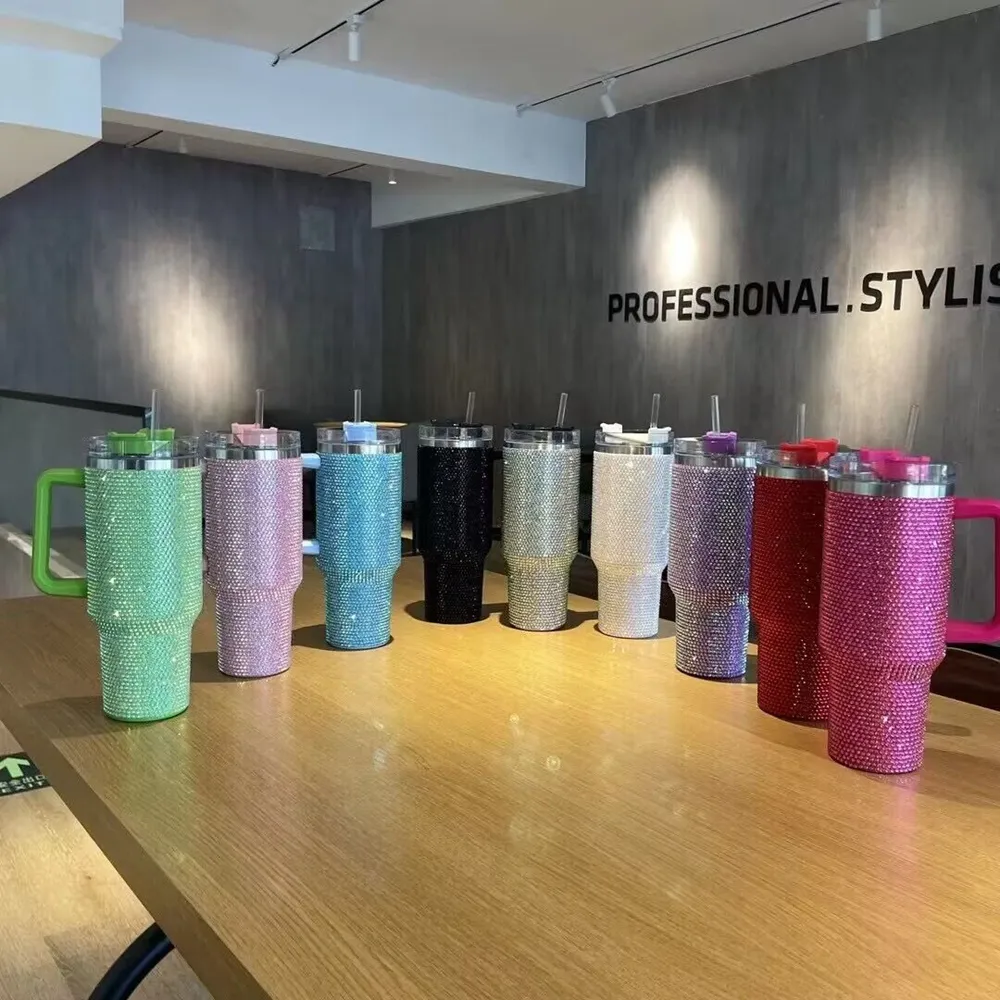 40oz Diamond Mug Tumbler With Handle Insulated Tumbler With Lids Straw Stainless Steel Coffee Tumbler Termos Cup 