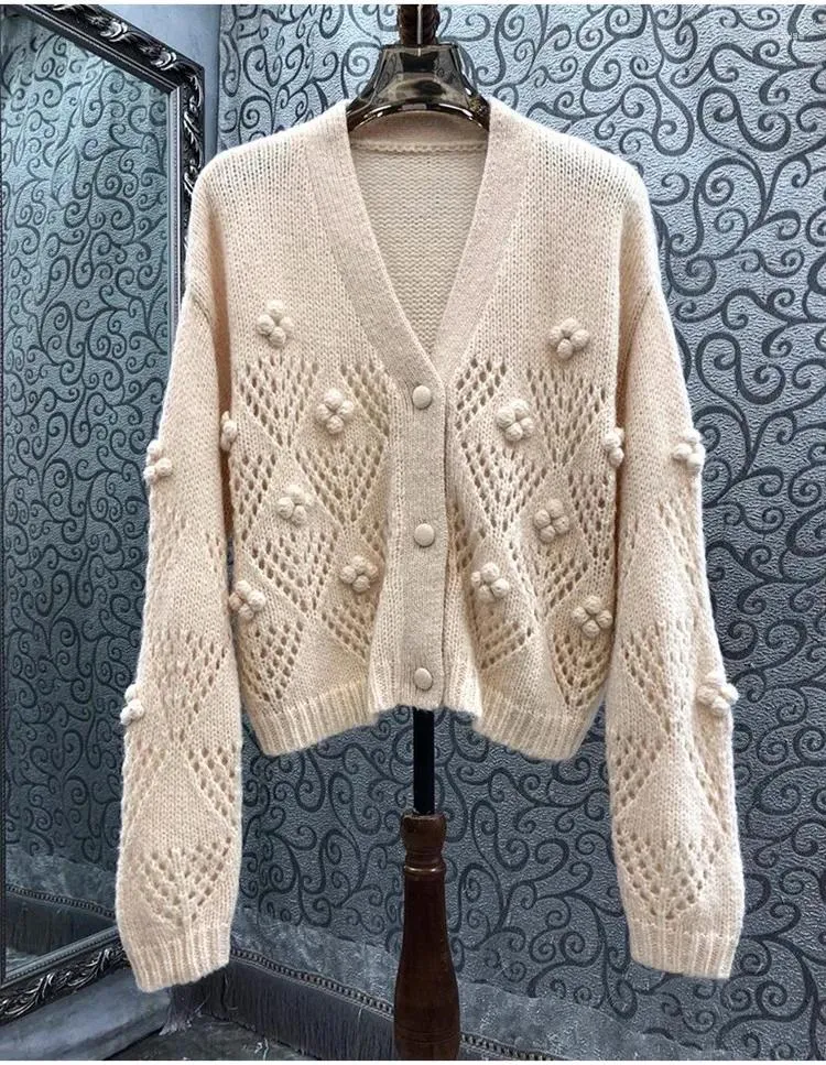 Women's Knits Korean Style Knitted Cardigan Coats 2023 Autumn Winter Ladies V-Neck Allover Crochet Knitting Ball Deco Wool Tops