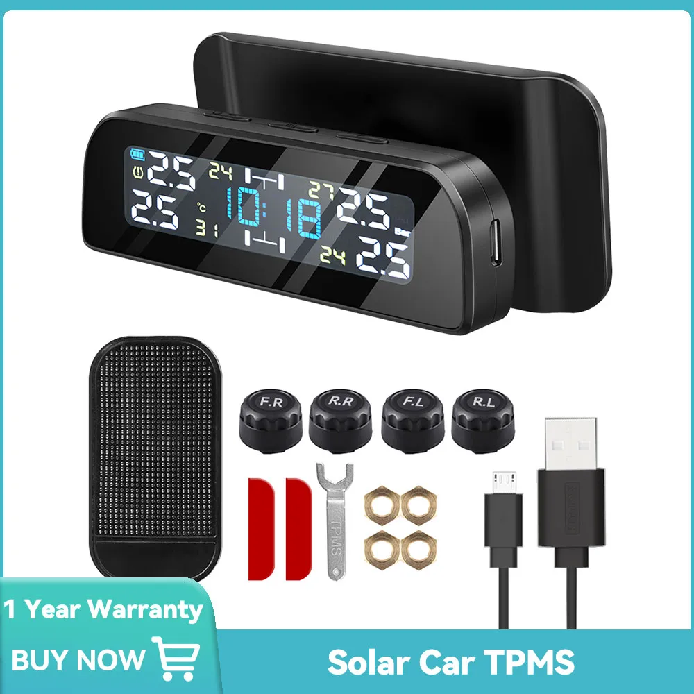 Bil TPMS -däcktryckssensorer Solar Tire Pressure Monitoring System TMPS Temperaturalarm 4 Wheel Tire Extern sensor