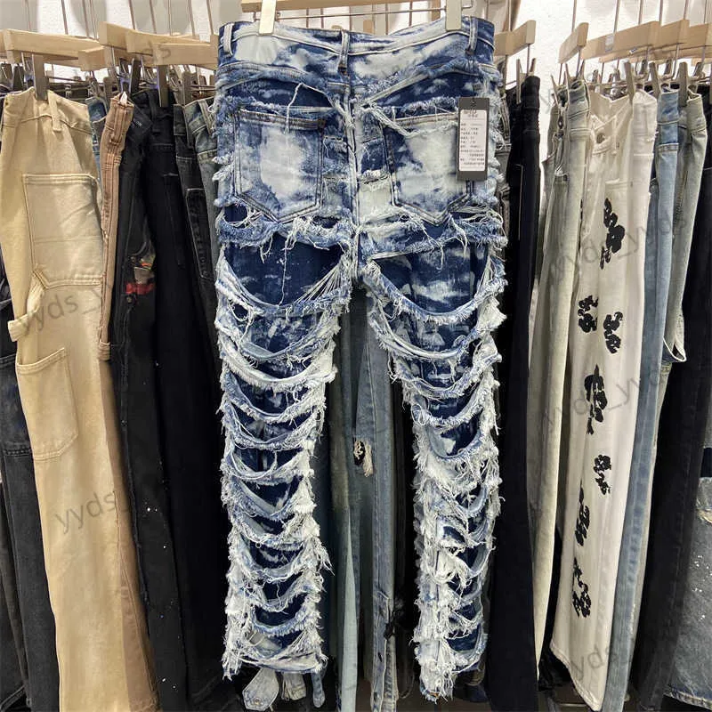 Herren Jeans Beschädigte und zerfetzte Nähte High Street Hip-Hop trendige Modehose T230406