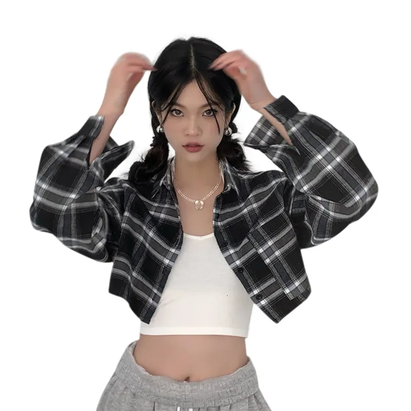 Women's Blouses Shirts Korea Style Casual Plaid Turndown Collar FallSpring Girly Long Sleeve Loose Fit Versatile Cropped Blouse 230404