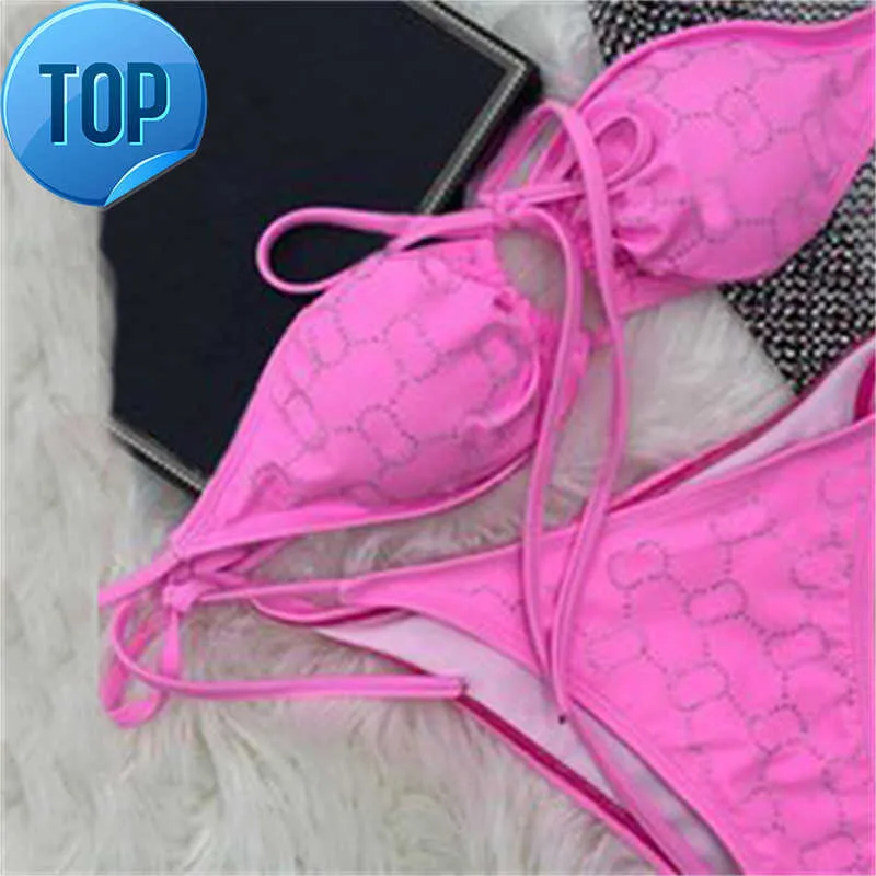 Cristal pleine lettre femme maillot de bain noir rose dos nu Bikinis deux pièces mode maillots de bain été fête Sexy maillot de bain