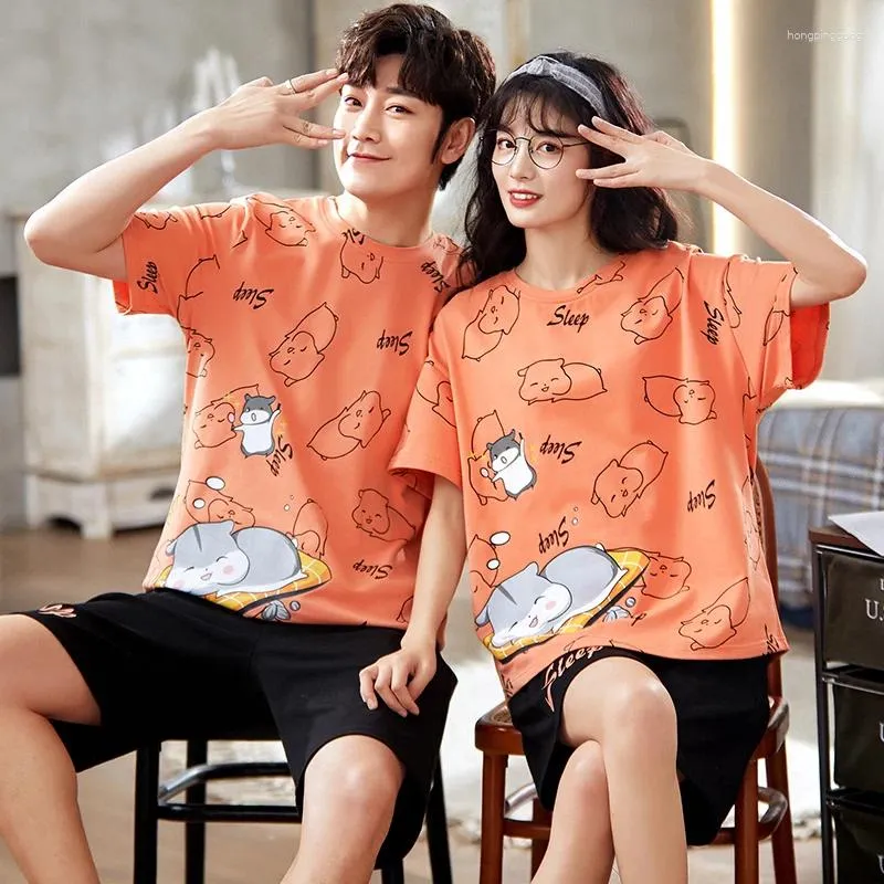 Women's Sleepwear Summer Fashion Orange Short Sleeve Couple Pajamas Sets Cotton Men Homewear Kawaii Sleep Little Hamster Cartoon Women