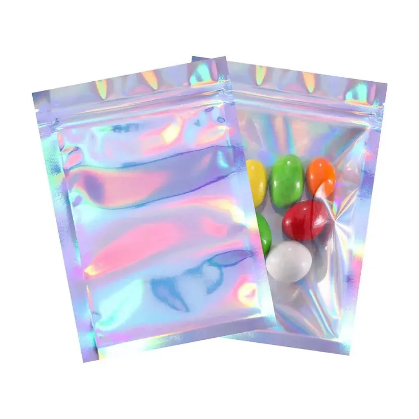 Food Storage Ziplock Resealable Smell Proof Bags Foil Holographic Flat Bag for Candy Jewelry Sample Storage Packaging