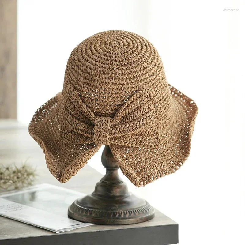 Straw Beret Fashion Womens Sun Protection Hat With Bow Bucket
