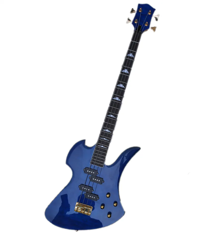 4 cordes guitare basse électrique bleu brillant avec une quincaillerie dorée offre un logo / couleur personnaliser