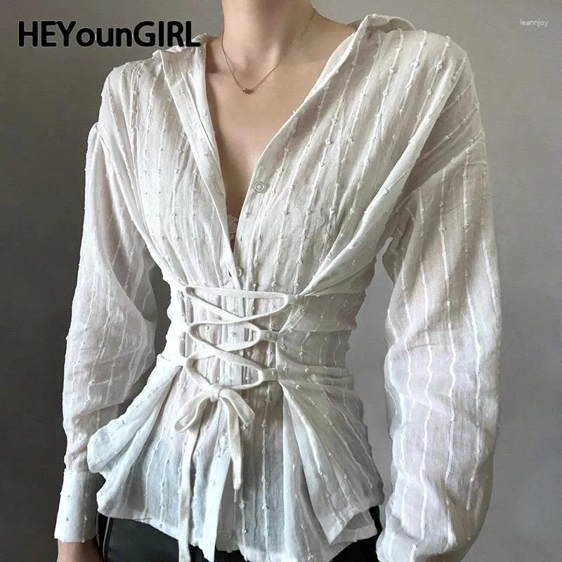 Blouses Femmes HEYounGIRL Coton Femmes Chemises minimalistes Bandage ajusté à la taille à manches longues Chic Blouse esthétique Top Turndown Col Tee