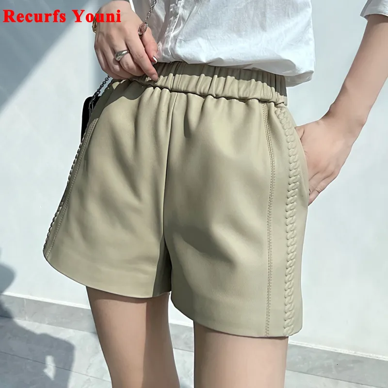 Women's Shorts Lambskin shorts for women's Harajuku simple casual pocket embossed elastic waist genuine leather pants for women's boots Pantalones Cortos 230406