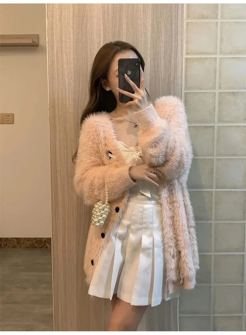 Women's Knits 2023 Autumn Faux Fur Knitted Coats Women Casual Outwear Korean Style Warm Jacket Office Lady Elegant Clothing Chic