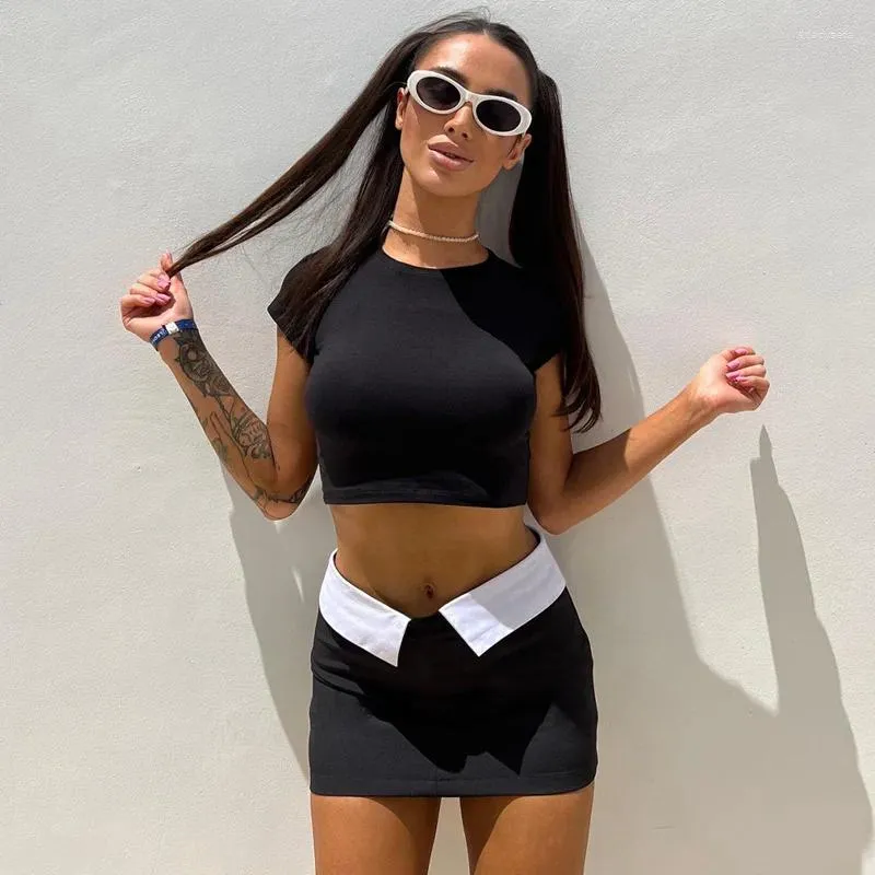 Work Dresses Black T-Shirt Crop Top And Skirt 2 Piece Set Y2K Streetwear Harajuku Fashion 2023 Summer Outfits For Women