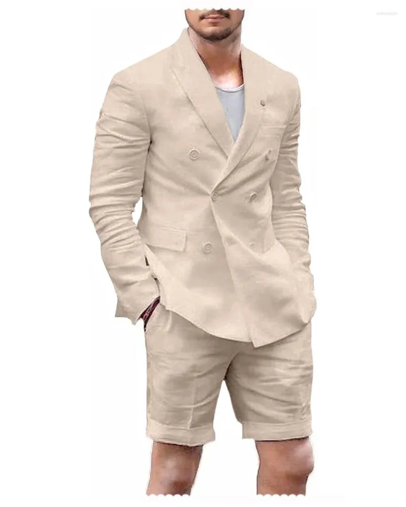 Herrenanzüge Beige Homme Herren Leinenkostüm Zweireiher Blazer Hochzeit Prom Bräutigam Jacke Hose 2 STÜCKE Smoking Slim Fit Terno Masculino