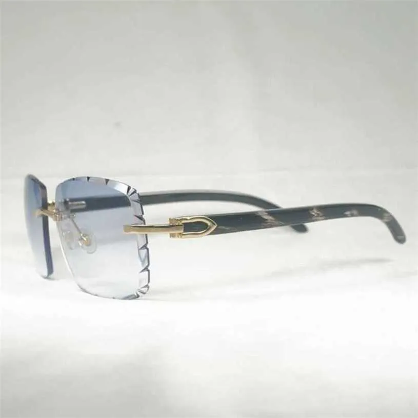 Lyxdesigner Summer Solglasögon Vintage Black White Horn överdimensionerad Rimless Diamond Cutting Men Wood Glasses Retro Shades For Summer Club Eyewear