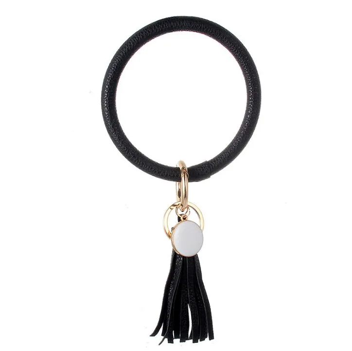 سوار جلدي سلسلة مفتاح pu wristr round key ring tassel arristbands Sports Keychain Bracelets Round Rings DA247