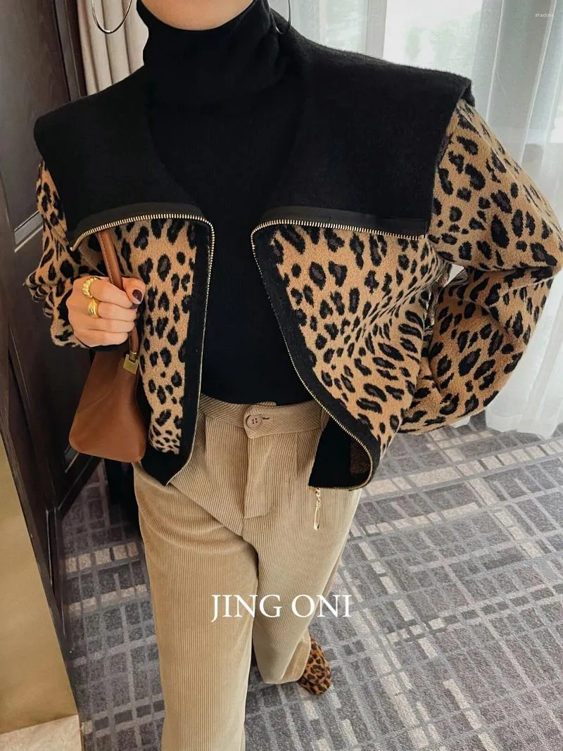 Женский вязаный леопардовый кардиган, свитер, вязаные куртки Y2k, женская одежда 2023, модное корейское винтажное зимнее пальто, укороченное элегантное короткое пальто
