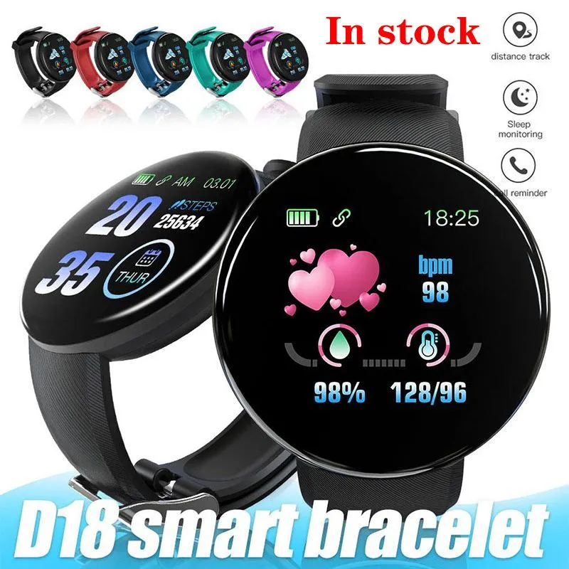 D18 Smart Band Armband Color Touch Screen Armbands Tracker Smartwatch Blodtryck Armband IP65 Vattentät hjärtfrekvens MI Band DHL -leverans