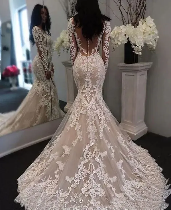 Nouvelle Illusion À Manches Longues En Dentelle Sirène Robes De Mariée Tulle Applique Cour Princesse De Mariage Robes De Mariée Avec Des Boutons