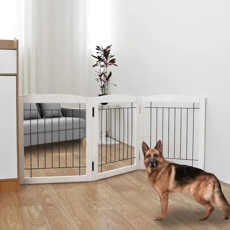 Cat Carriers Freestanding Foldable Dog Gate For House Extra Wide Wooden White Indoor Puppy Stairs Gates Doorways Pet