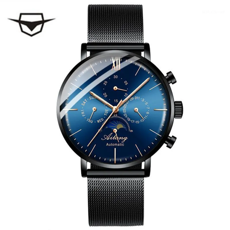 Montres-bracelets AILANG Calendrier Lumineux Noir Hommes Montres Casual Luxe Affaires Étanche Automatique Semaine Phase de Lune Relogio Masculino 8609