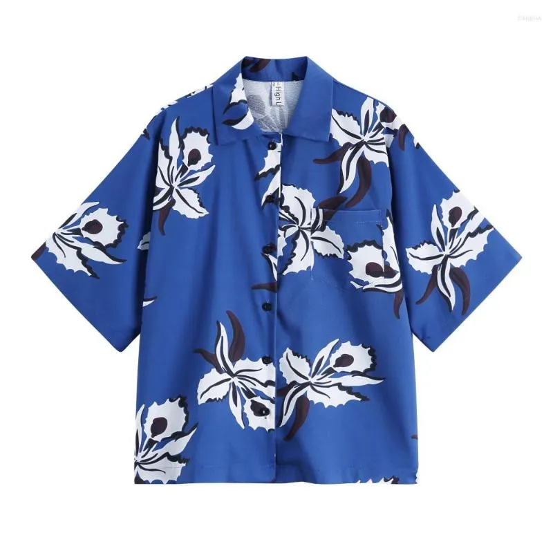 Camicette da donna PERHAPS U Hawaii Stampa floreale blu Colletto rovesciato Camicia con bottoni Manica corta Estate Casual Spiaggia Donna B0160