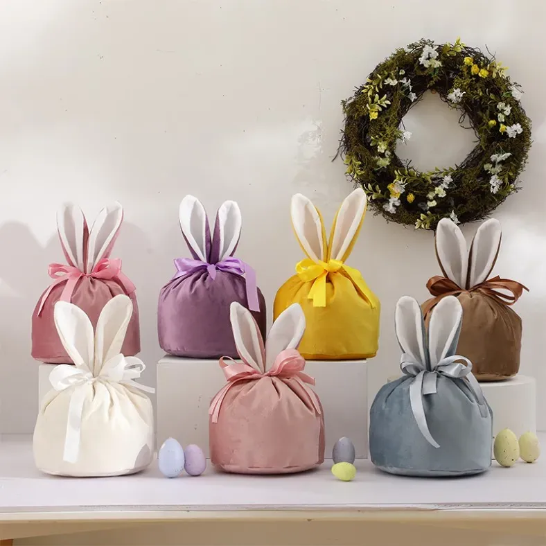 Wholesale Easter Decoration Candy Gift Bag Drawstring Bucket Velvet Bunny Easter Basket 1106