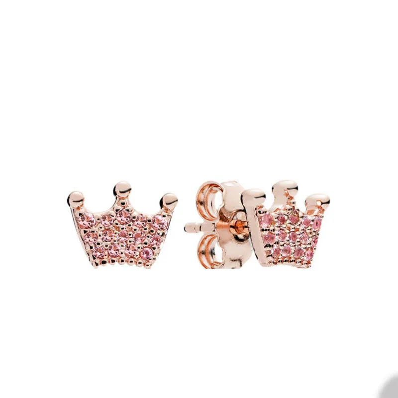 Pink Crown Rose Gold Stud Earrings for Pandora 925 Sterling Silver Wedding designer Earring Set For Women Girlfriend Gift CZ Diamond Jewelry with Original Box