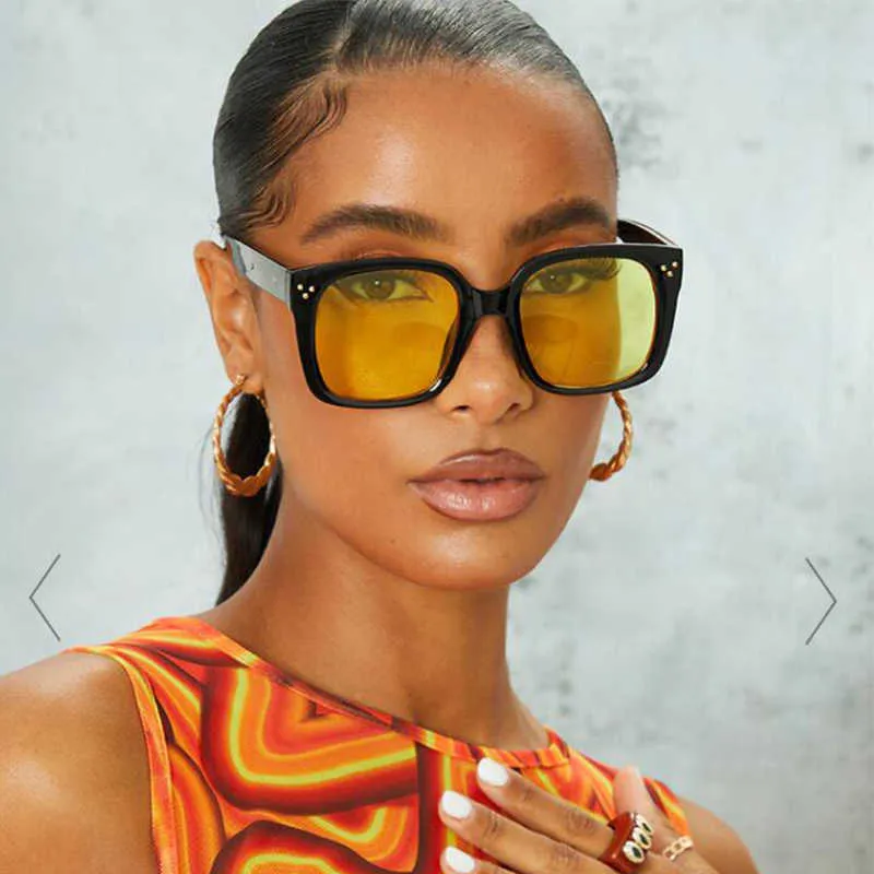 Lunettes de soleil Vintage Marque Designer Jaune Lunettes de soleil teintées Femmes Années 90 Grand Cadre Unique Nuances De Luxe Carré Surdimensionné Lunettes Coréen P230406