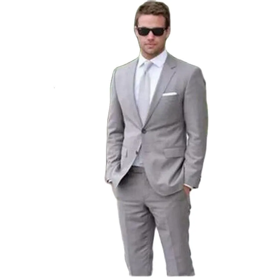 Mäns kostymer blazrar ljusgrå affärsmän 2-stycksjacka byxor binda högkvalitativ ultratunna passande jacka formell boll terno mode 230406