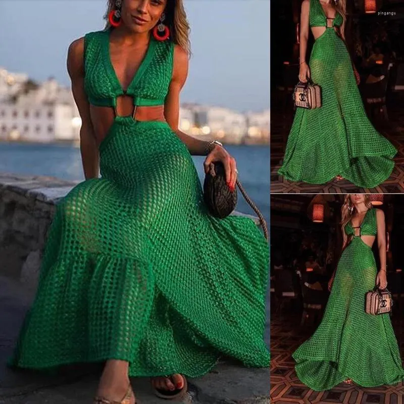 Casual Dresses Fashion Womens Sexig Beach Bohemian Style Mesh Hollow Out Sleeveless Halter Seating-Through Green Maxi Long Sundress Plus Size