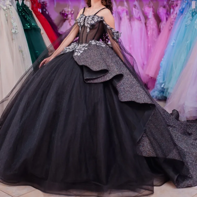 Black Shiny Quinceanera Dress Ball Gown Off The Shoulder Corset Pageant Flowers Lace Sweet 15 Party Vestidos De XV Anos