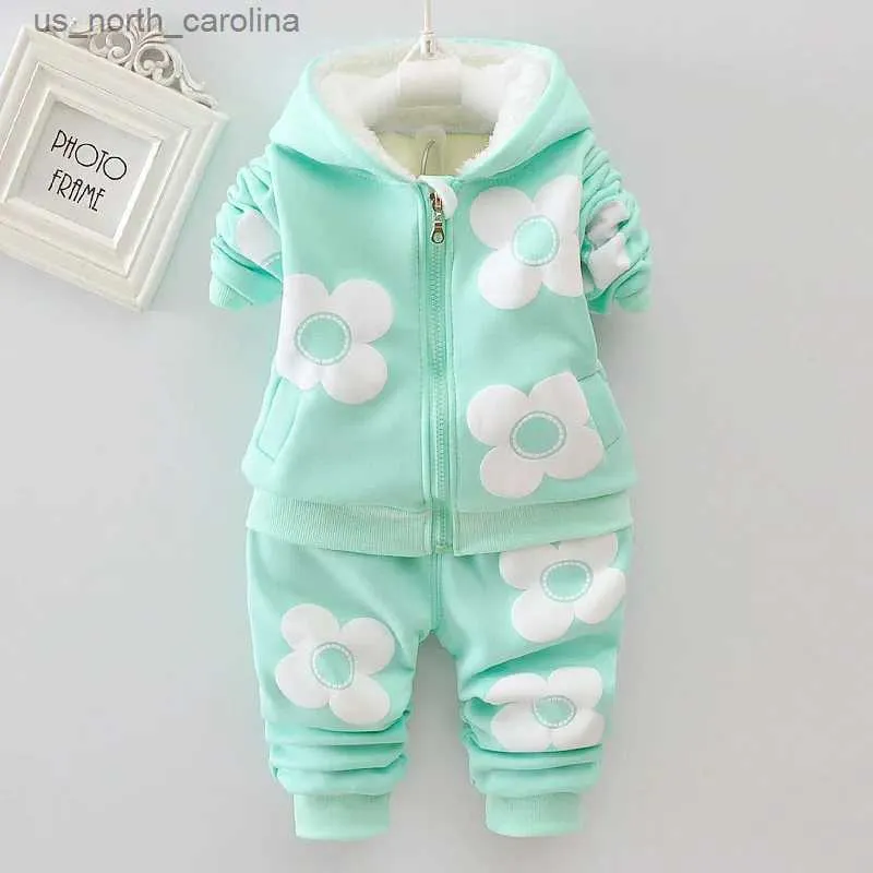 Clothing Sets Baby Girls Flower Cartoon Thickk Woolen Autumn Winter Hoodied Jacket Coat Pants Clothing Set Children Kids Warm Clothes Suits R231106