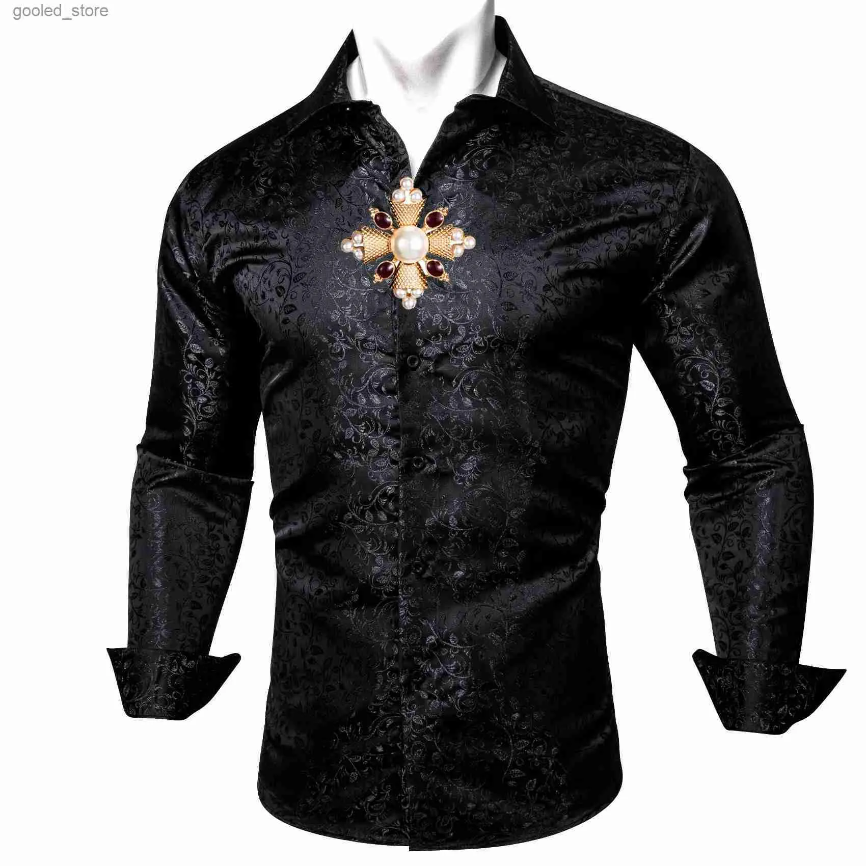 Homens Casuais Camisas Designer Homens Camisa De Seda Moda Jacquard Lapela Floral Luxo Homens Manga Longa Casual Fit Camisa Festa De Casamento Negócios Barry.Wang Q231106