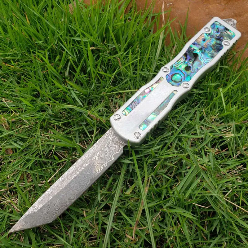 High Quality Damascus Auto Tactical Knife VG10 Damascus Steel Single Edge Tanto Point Blade 6061-T6 with Abalone shell Handle With Nylon Sheath