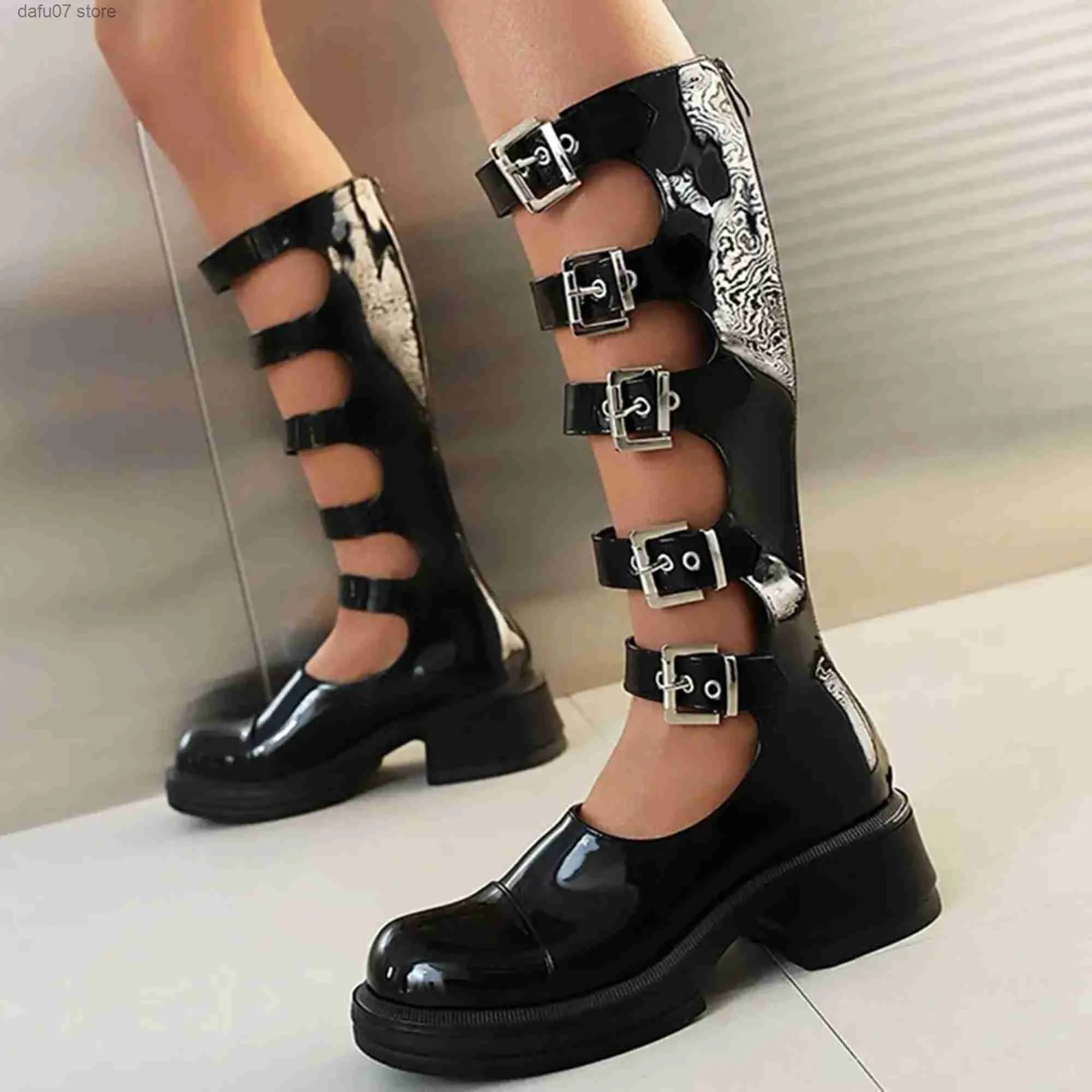 Buty błyszcząca skóra patentowa w rozmiarze Pięcioosobowa metalowa klamra buty do klamry kolanowej z tylnym zamkiem błyskawicznym obcasem seksowne buty T231106