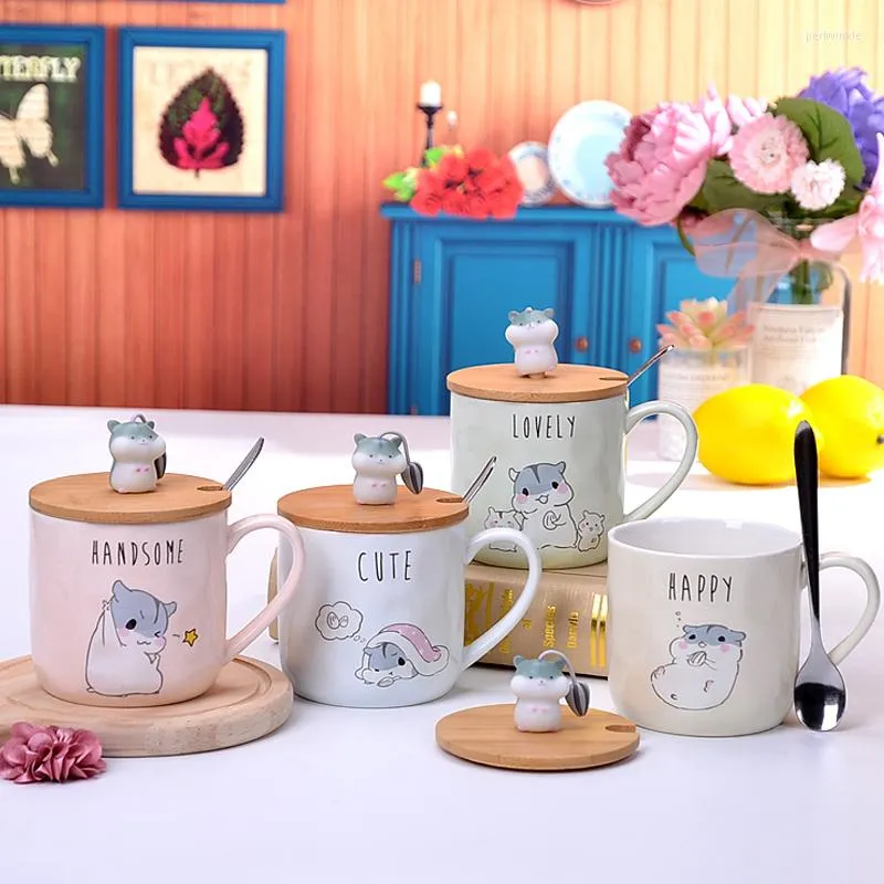 Mugs 380ml Cute Hamster Cartoon Mug With Lid Spoon Creative Ceramics Office Home Coffee Milk Breakfast Glass Couple Cup Gifts