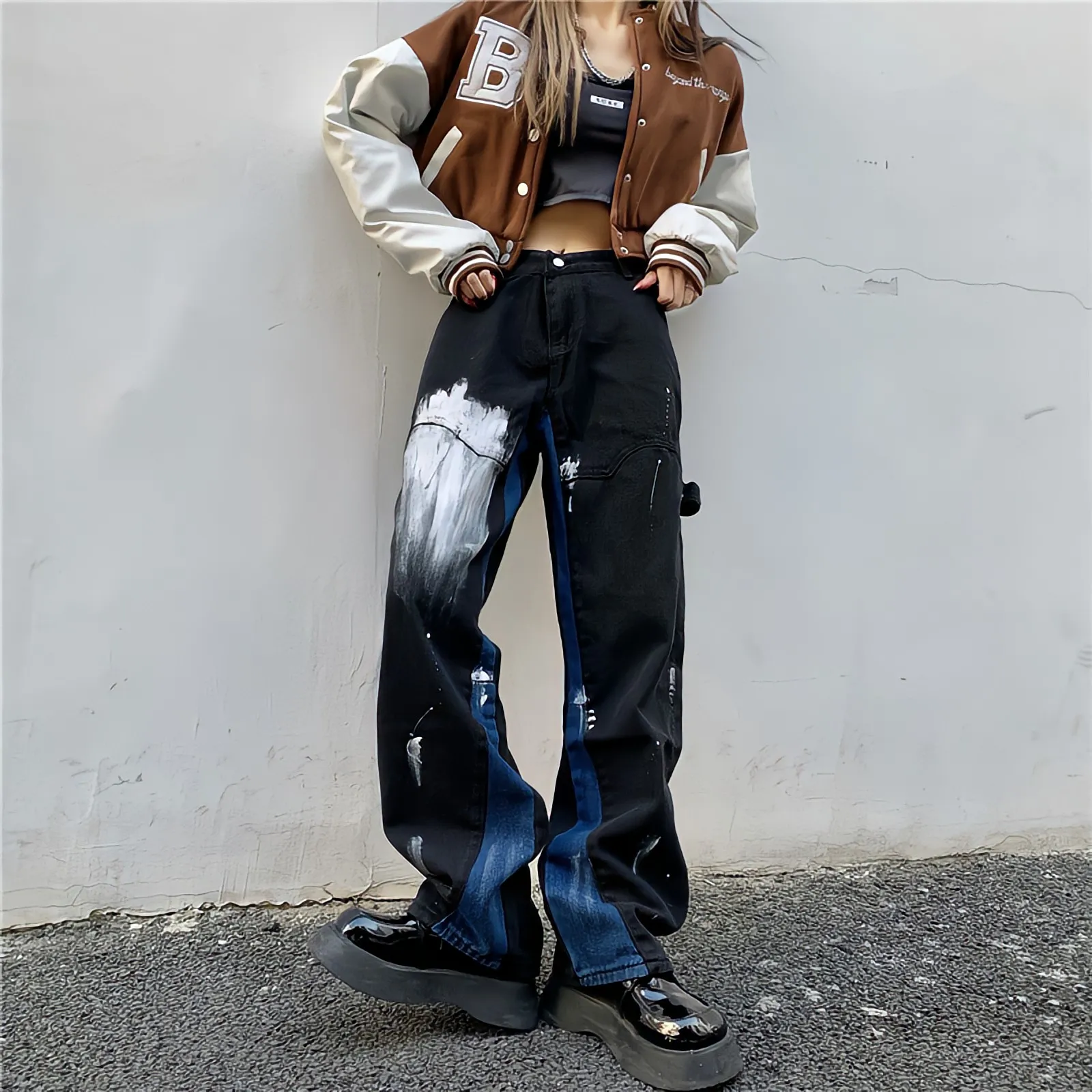 QNPQYX Nouveau Style Gothique Noir Baggy Jeans Femme Graffiti Peinture Vintage Pantalon Streetwear Y2k Oversize Taille Haute Jambe Large Denim Pantalon