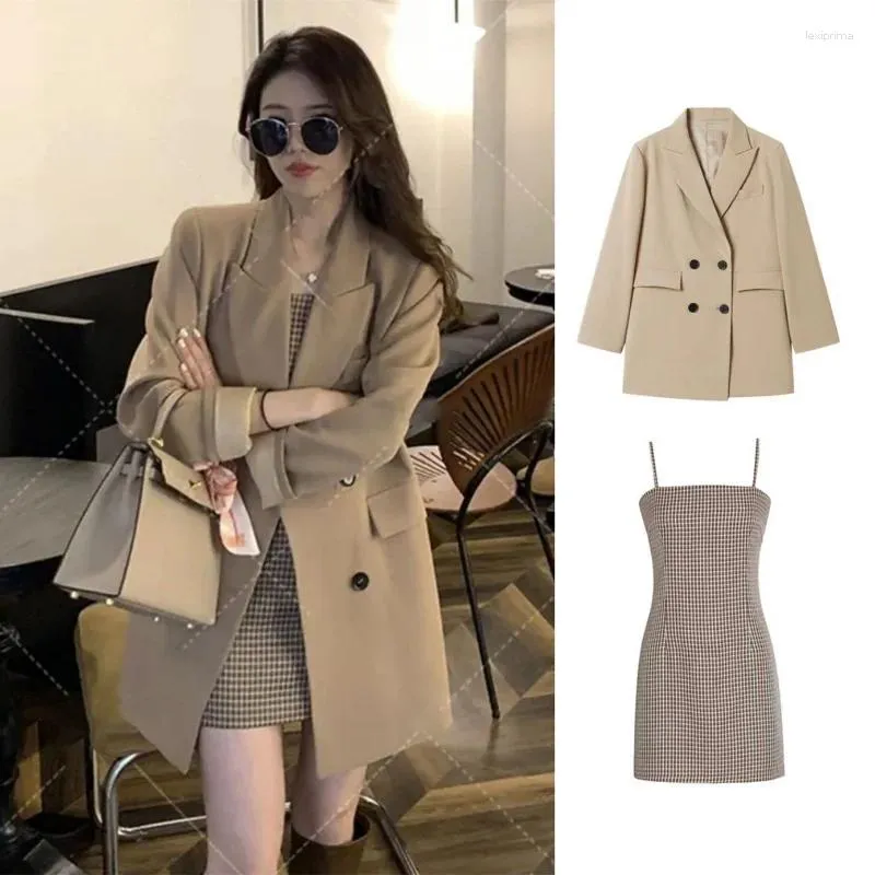 2 피스 드레스 가을 2 피스 세트 모드 Stukken Voor Vrouwen Long Coat Sexy Praid Jurk 2 Stuk 의상 2023 여자 Koreaanse Stijl Blazer