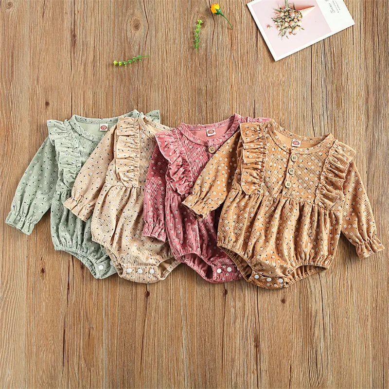 Rompers schattige babykleding lente herfst mode baby peuter meisjes kleding corduroy bloemen afdrukken lange mouw romper jumpsuit 230406