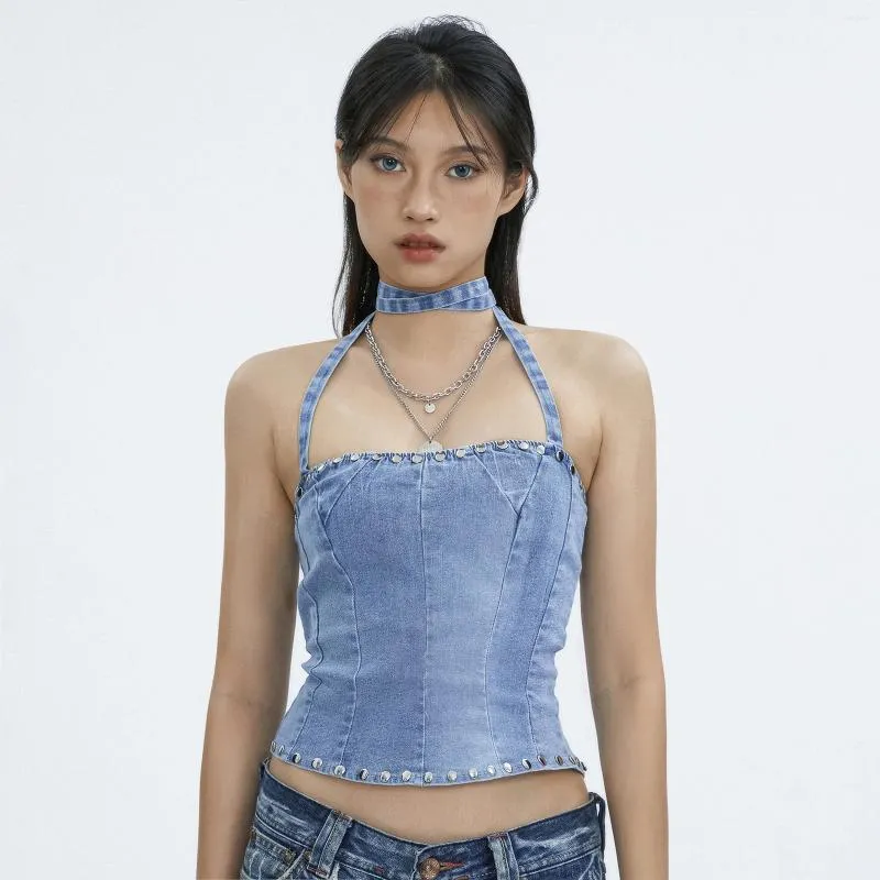 Womens Tanks Summer Fashion Halter Denim Tank Tops Sleeveless Sexy Contrast  Color Slim Fit Rivet Streetwear From 13,19 €